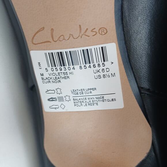Clarks Women's SZ 8.5 Violet55 Tall Black Soft Leather Boots With Kitten Heels - Picture 8 of 8